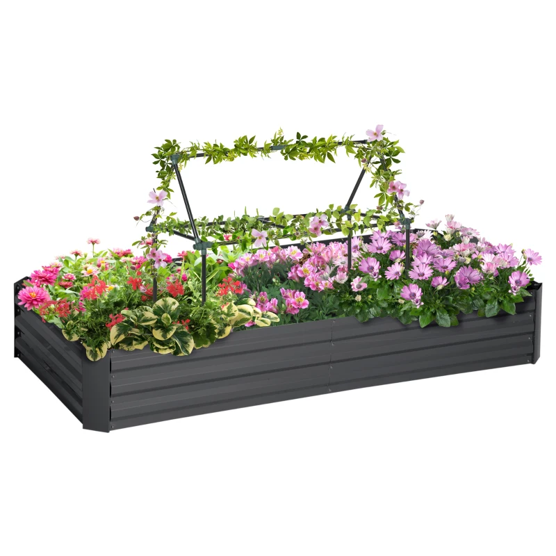 Outsunny 6' x 3' x 1' Raised Garden Bed with 2 Trellis Tomato Cages, Steel Frame Elevated Planter Box, Dark Grey