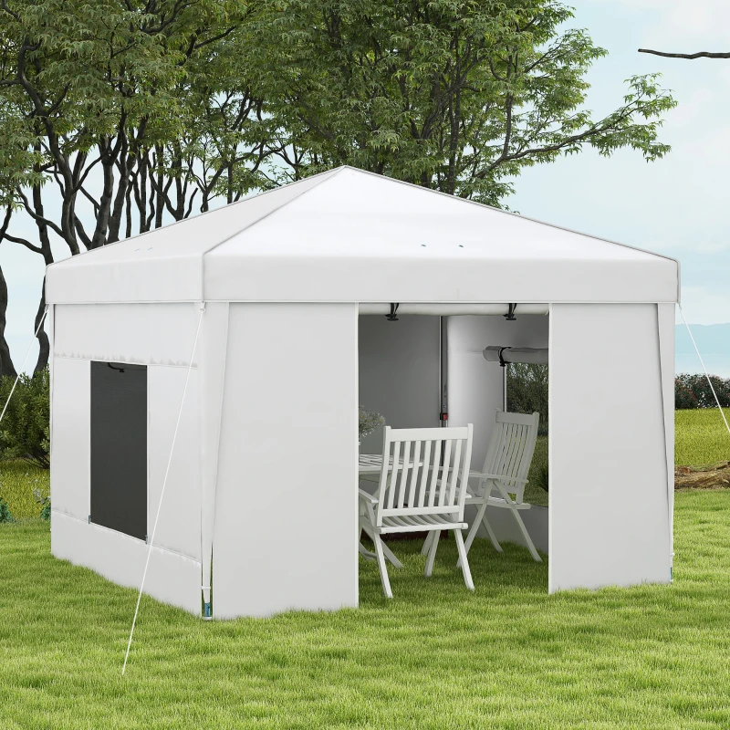Outsunny 9.7' x 9.7' Pop Up Canopy with Sidewalls, Portable Canopy Tent with 2 Mesh Windows, Reflective Strips, Carry Bag, White
