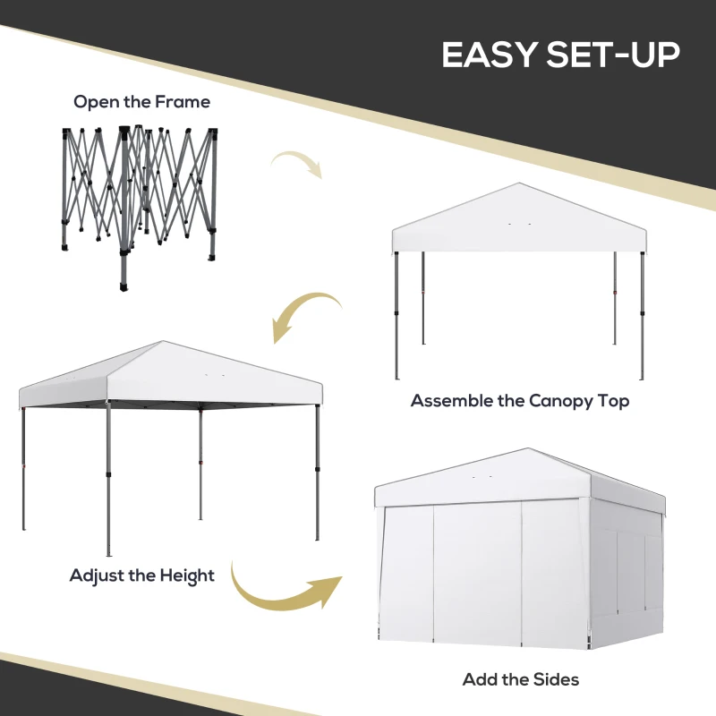 Outsunny 9.7' x 9.7' Pop Up Canopy with Sidewalls, Portable Canopy Tent with 2 Mesh Windows, Reflective Strips, Carry Bag, White