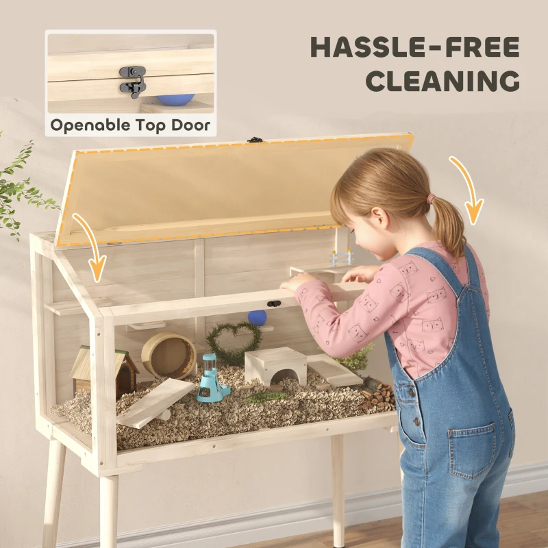 PawHut Wooden Hamster Cage, Hamster Habitat with Openable Top, Seesaws, Platforms, Water Bottle for Gerbils, 43.3"x20.5"x39.8"