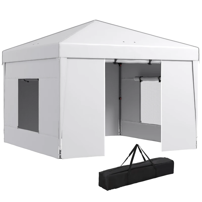 Outsunny 9.7' x 9.7' Pop Up Canopy with Sidewalls, Portable Canopy Tent with 2 Mesh Windows, Reflective Strips, Carry Bag, White