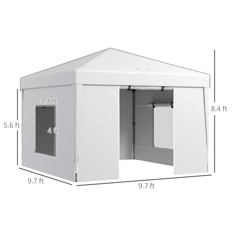Outsunny 9.7' x 9.7' Pop Up Canopy with Sidewalls, Portable Canopy Tent with 2 Mesh Windows, Reflective Strips, Carry Bag, White