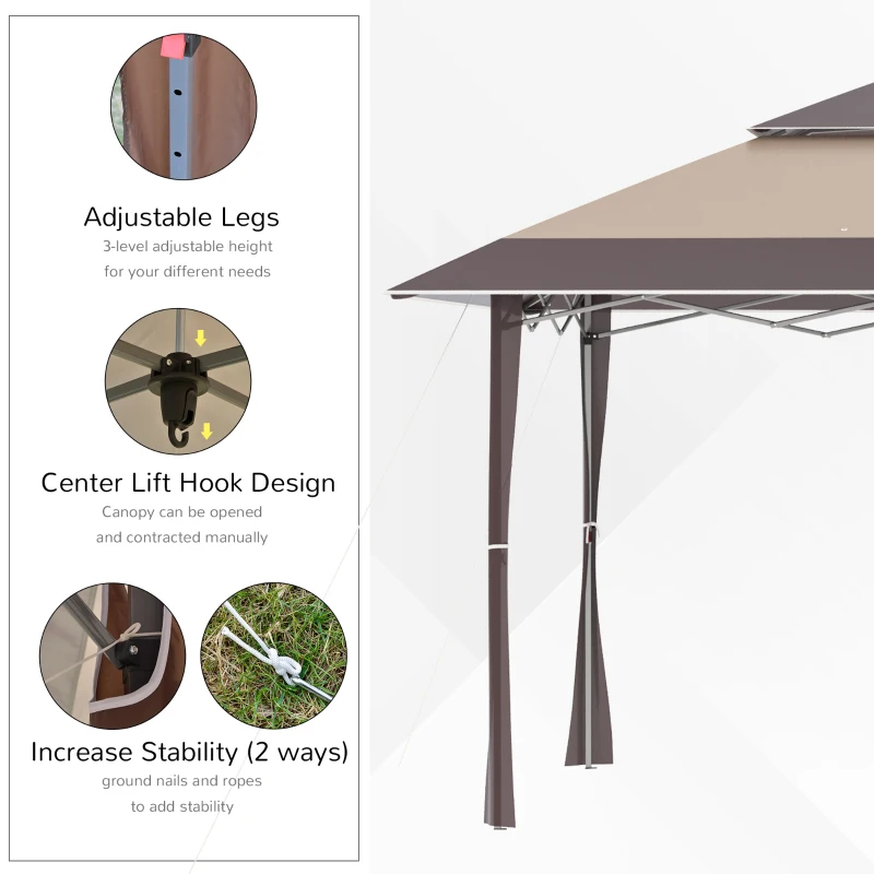 Outsunny 13' x 13' Outdoor Pop-Up Party Tent Canopy with Top Vent, 3-Level Adjustable Height, and Roller Bag, Khaki