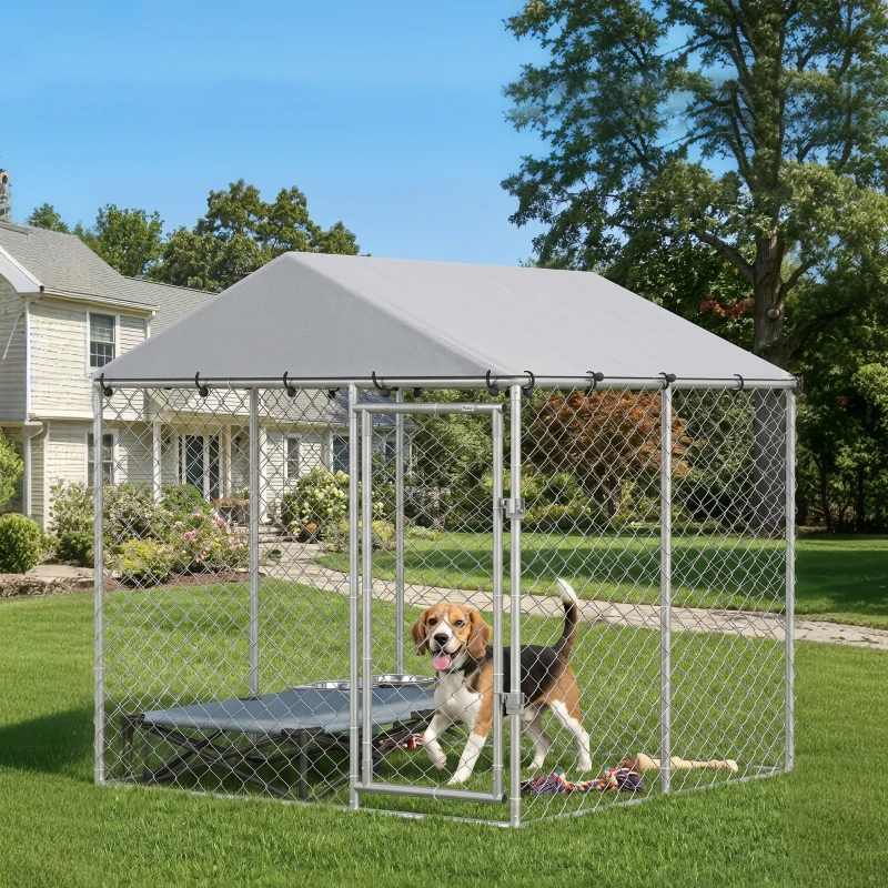 PawHut 6.6' x 6.6' x 6.6' Outdoor Dog Kennel Heavy Duty Galvanized Steel with UV-resistant Roof, Silver
