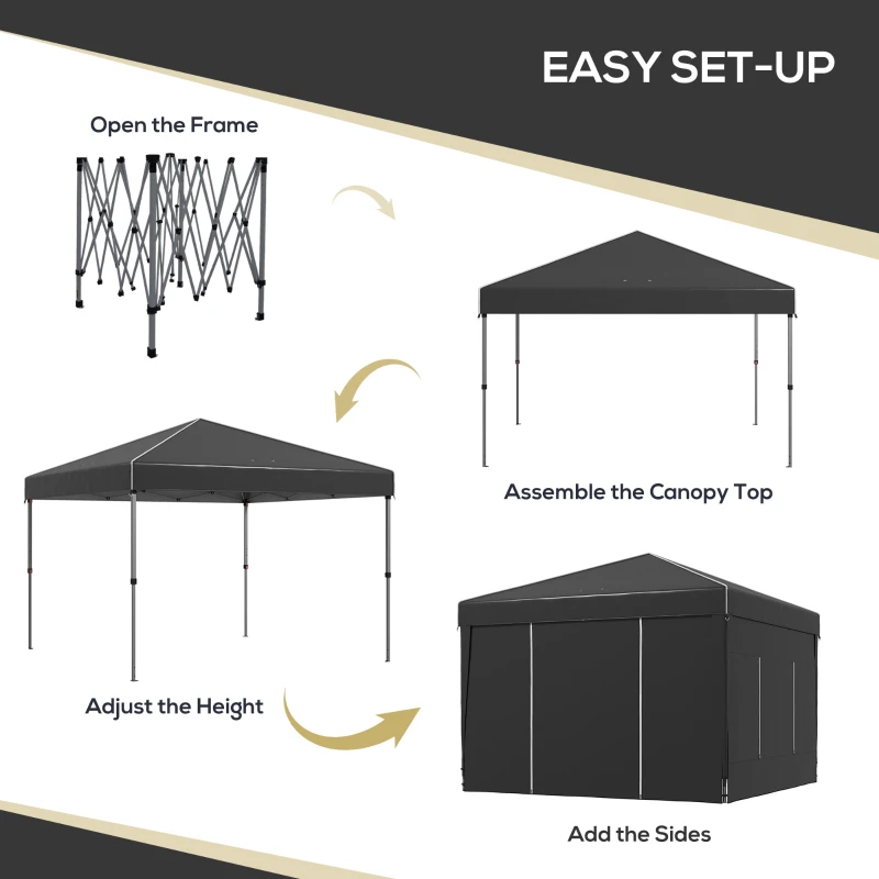 Outsunny 9.7' x 9.7' Pop Up Canopy with Sidewalls, Portable Canopy Tent with 2 Mesh Windows, Reflective Strips, Carry Bag, Black