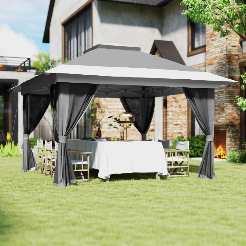 Outsunny 11.7' x 11.7' Pop Up Canopy Tent with Netting, UPF50+ Instant Sun Shelter with Wheeled Carry Bag and Sand Bags