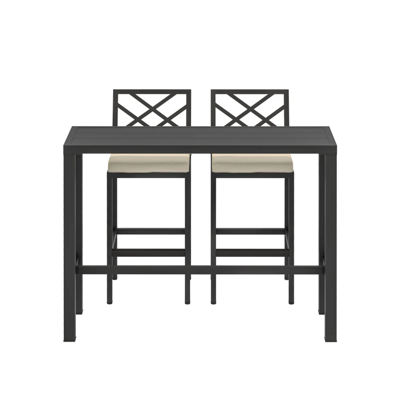 Outsunny 3 Piece Patio Bar Set, Outdoor Bar Table and Stools, Electrophoresis Steel Tabletop, X Back, Footrest, Cushions, Khaki