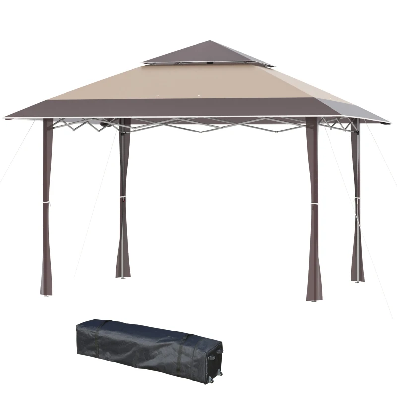 Outsunny 13' x 13' Outdoor Pop-Up Party Tent Canopy with Top Vent, 3-Level Adjustable Height, and Roller Bag, Khaki