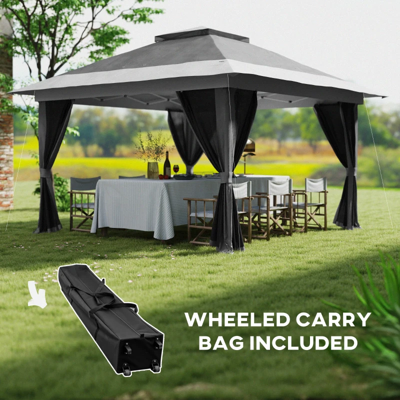 Outsunny 11.7' x 11.7' Pop Up Canopy Tent with Netting, UPF50+ Instant Sun Shelter with Wheeled Carry Bag and Sand Bags