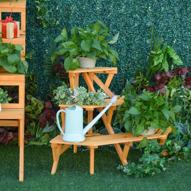 Outsunny Wooden Rustic 3-Tier Raised Plant Stand with Slatted Shelves Indoor & Outdoor Display Rack Plant Pot Organizer 37.75" x 25.25" x 24"
