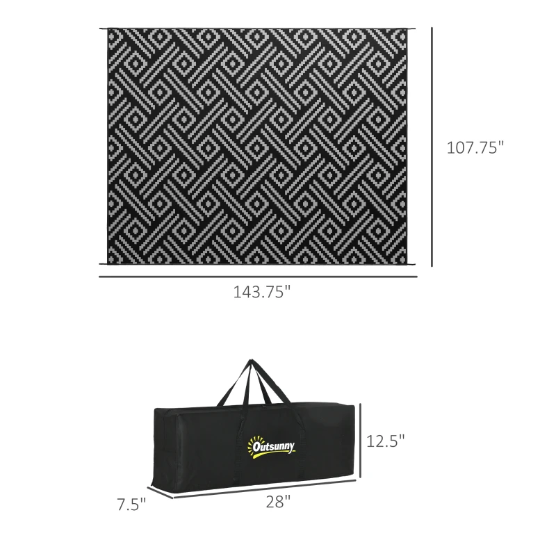 Outsunny Reversible Outdoor Rug Carpet RV Camping Rugs with Carry Bag, 9' x 12', Black & Gray Geometric