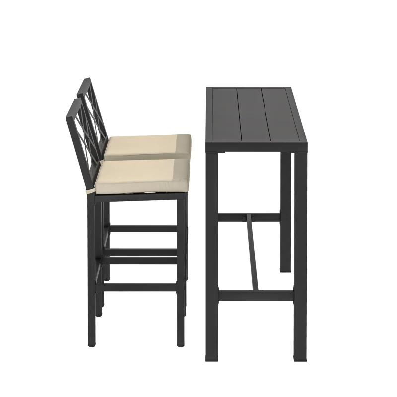 Outsunny 3 Piece Patio Bar Set, Outdoor Bar Table and Stools, Electrophoresis Steel Tabletop, X Back, Footrest, Cushions, Khaki