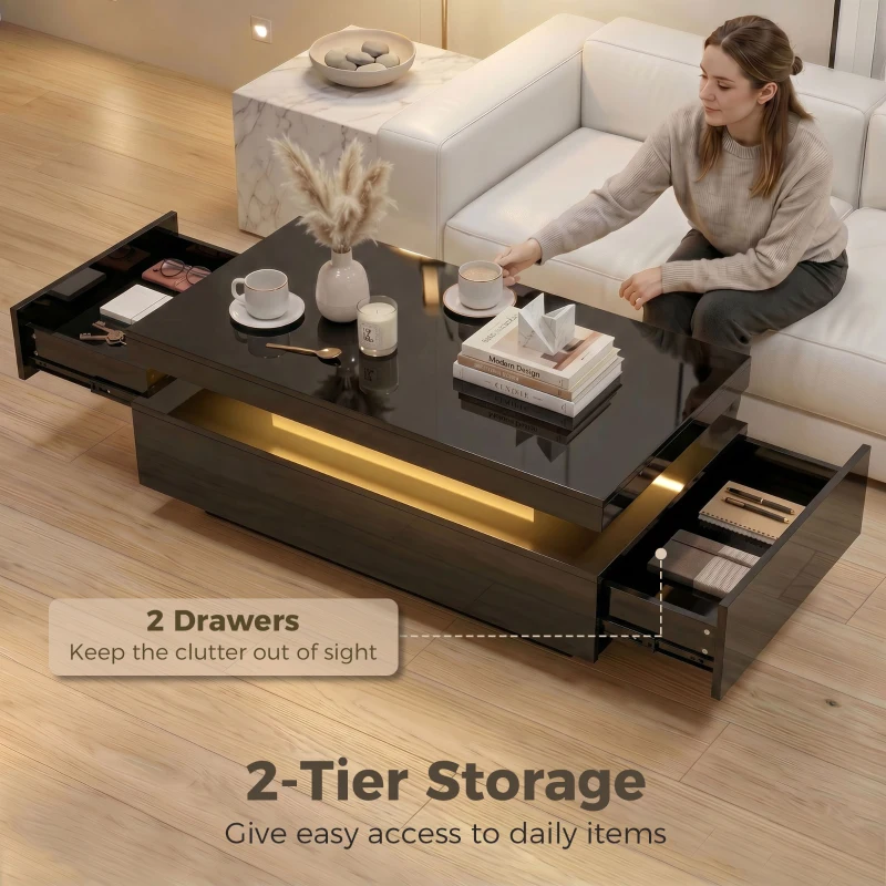 HOMCOM LED Coffee Table with Storage, 2-Tier Modern Center Table with 2 Drawers for Living Room, High Gloss Black