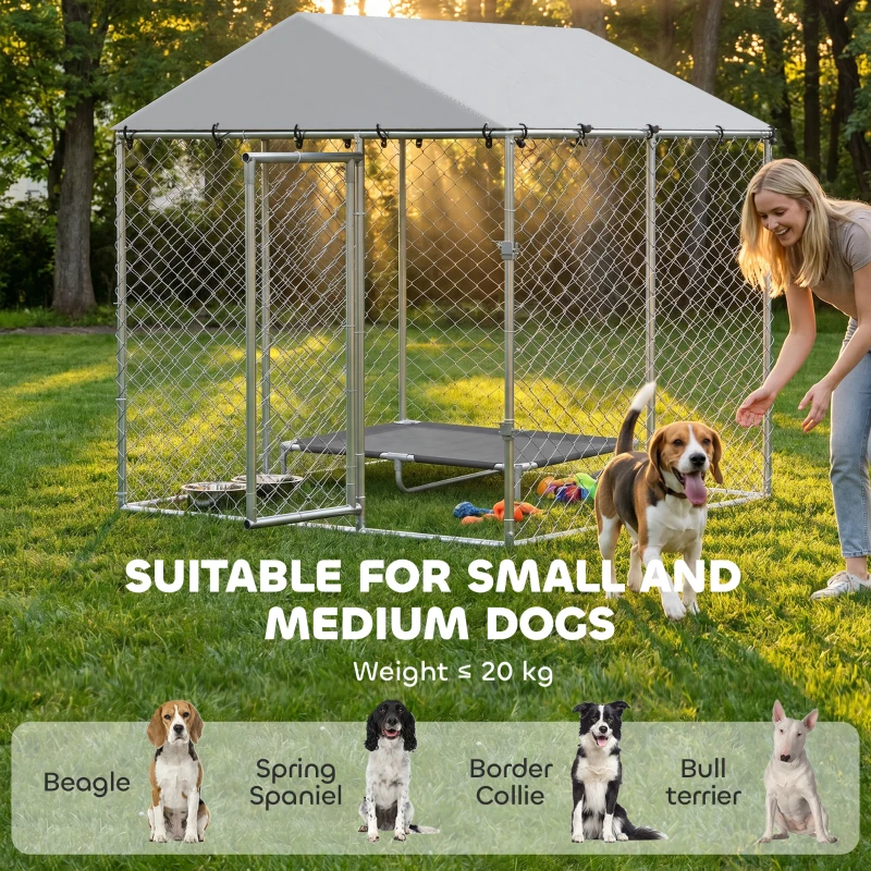 PawHut 6.6' x 6.6' x 6.6' Outdoor Dog Kennel Heavy Duty Galvanized Steel with UV-resistant Roof, Silver