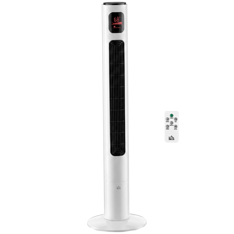 HOMCOM Freestanding Tower Fan Cooling for Home Bedroom with Oscillating, 3 Speed, 12h Timer, LED Sensor Panel, Remote Controller, White