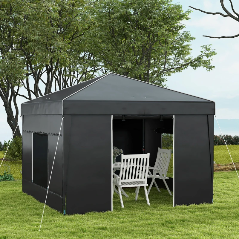 Outsunny 9.7' x 9.7' Pop Up Canopy with Sidewalls, Portable Canopy Tent with 2 Mesh Windows, Reflective Strips, Carry Bag, Black