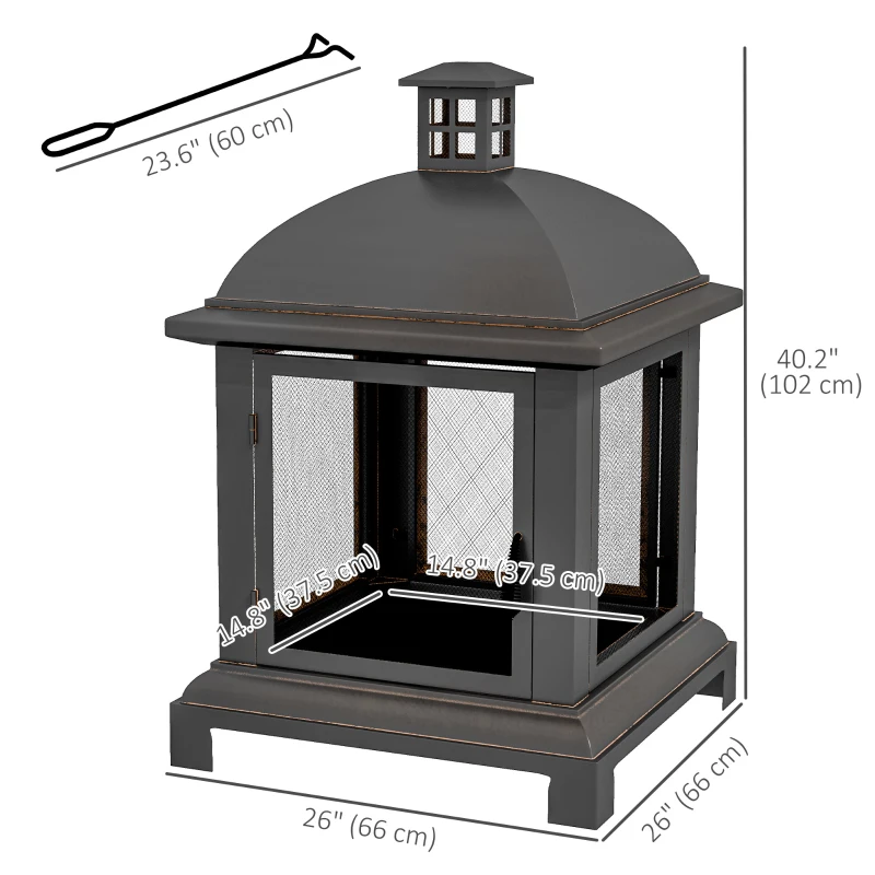 Outsunny Wood-Burning Fire Pit, Chimney Style Firepit with Poker, 26" x 26", Black