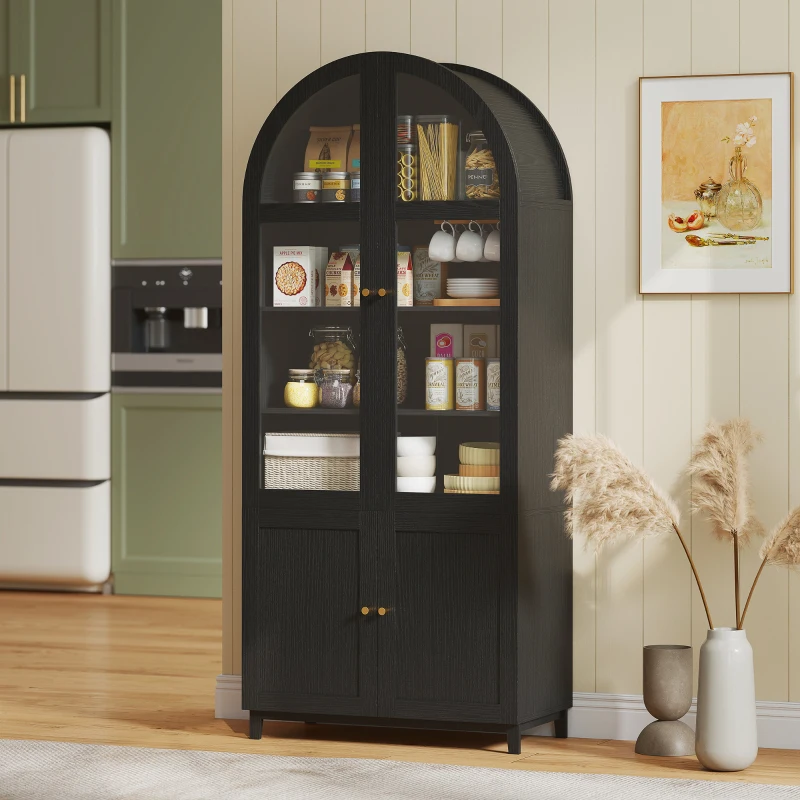 HOMCOM Arched Kitchen Pantry Cabinet, 71" Tall Farmhouse Kitchen Storage Cabinet with Acrylic Glass Doors, Black