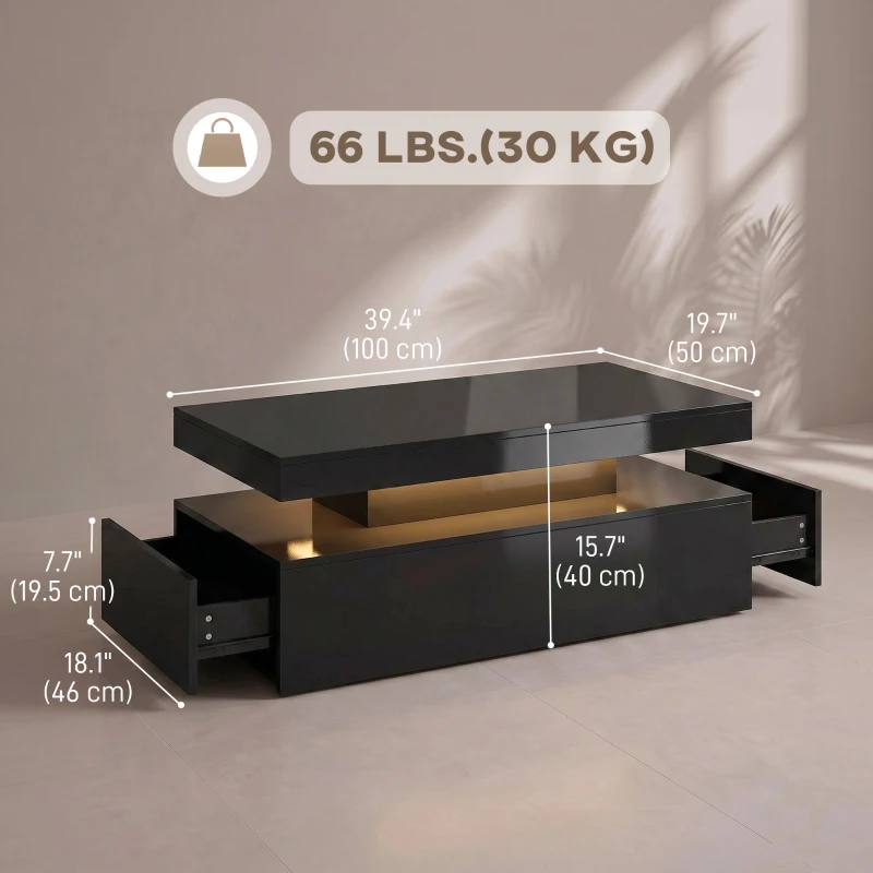HOMCOM LED Coffee Table with Storage, 2-Tier Modern Center Table with 2 Drawers for Living Room, High Gloss Black