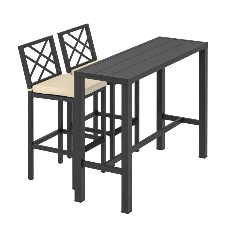 Outsunny 3 Piece Patio Bar Set, Outdoor Bar Table and Stools, Electrophoresis Steel Tabletop, X Back, Footrest, Cushions, Khaki