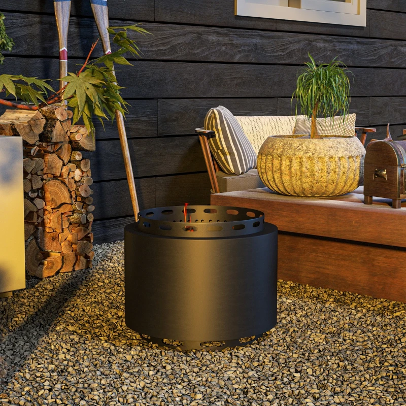 Outsunny Smokeless Fire Pit, Portable Wood Burning Firepit with Poker for Garden Camping Bonfire Party, Metal, Black