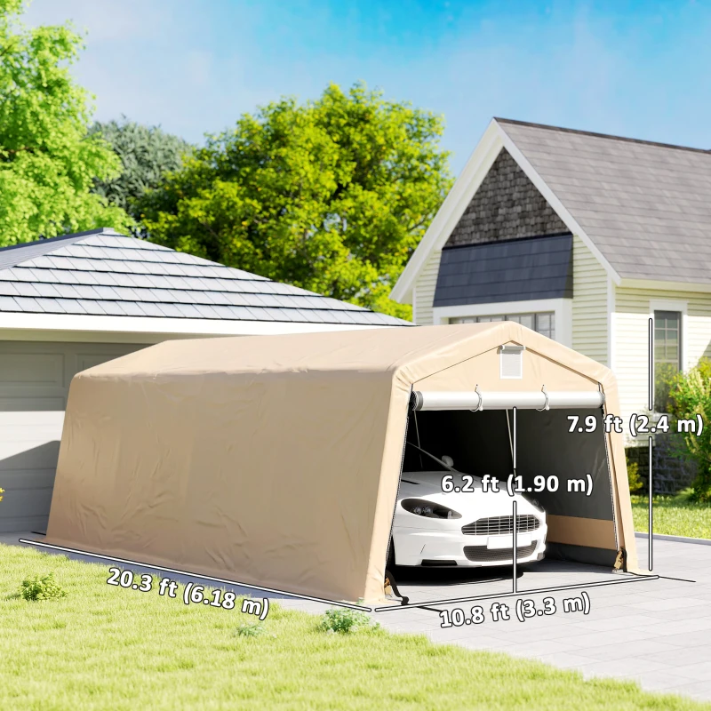 Outsunny 11' x 20' Portable Garage, Heavy Duty Carport Canopy with Ventilation Windows and Large Roll-up Door, Khaki