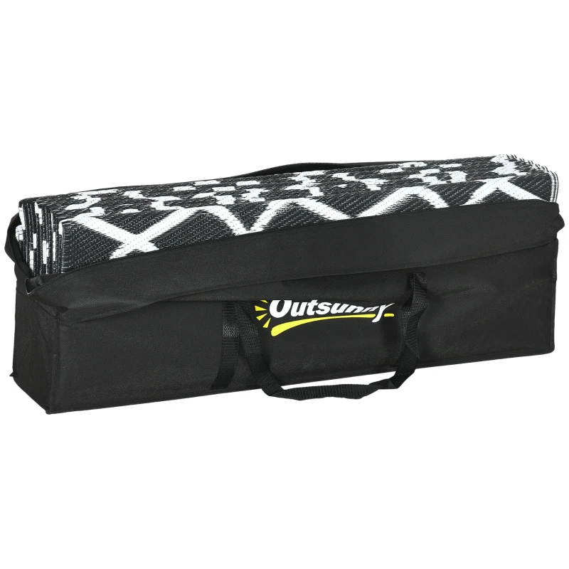 Outsunny Reversible Outdoor Rug Carpet RV Camping Rugs with Carry Bag, 9' x 18', Black & White Clover