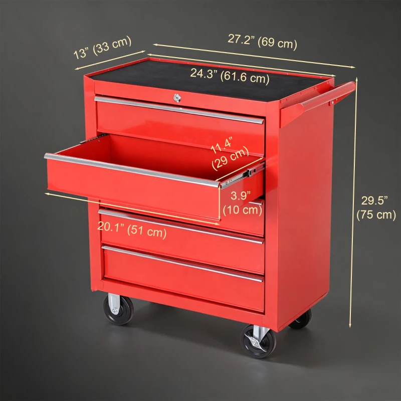 HOMCOM 5 Drawer Roller Tool Chest, Mobile Lockable Toolbox, Storage Organizer with Handle for Workshop Mechanics Garage, Red