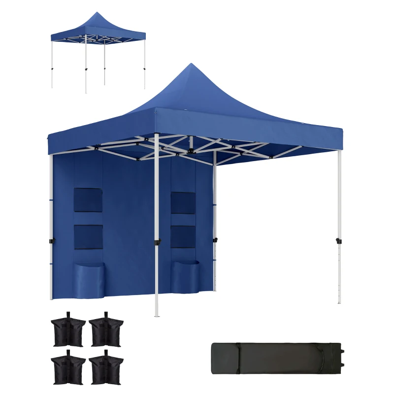 Outsunny 10' x 10' Heavy Duty Pop Up Canopy Tent with Sidewall, UPF50+ Instant Sun Shelter with Storage Pockets, Dark Blue