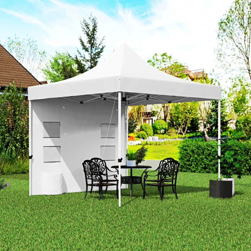 Outsunny 10' x 10' Heavy Duty Pop Up Canopy Tent w/ Sidewall, UPF50+ Instant Sun Shelter w/ Storage Pockets, Wheeled Bag, White