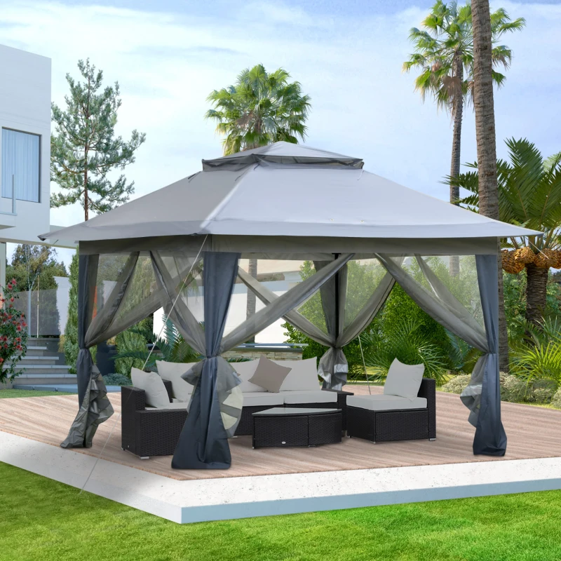Outsunny 12' x 12' Foldable Pop-up Party Tent Instant Canopy Sun Shade Gazebo Shelter Steel Frame Oxford w/ Roller Bag, Grey