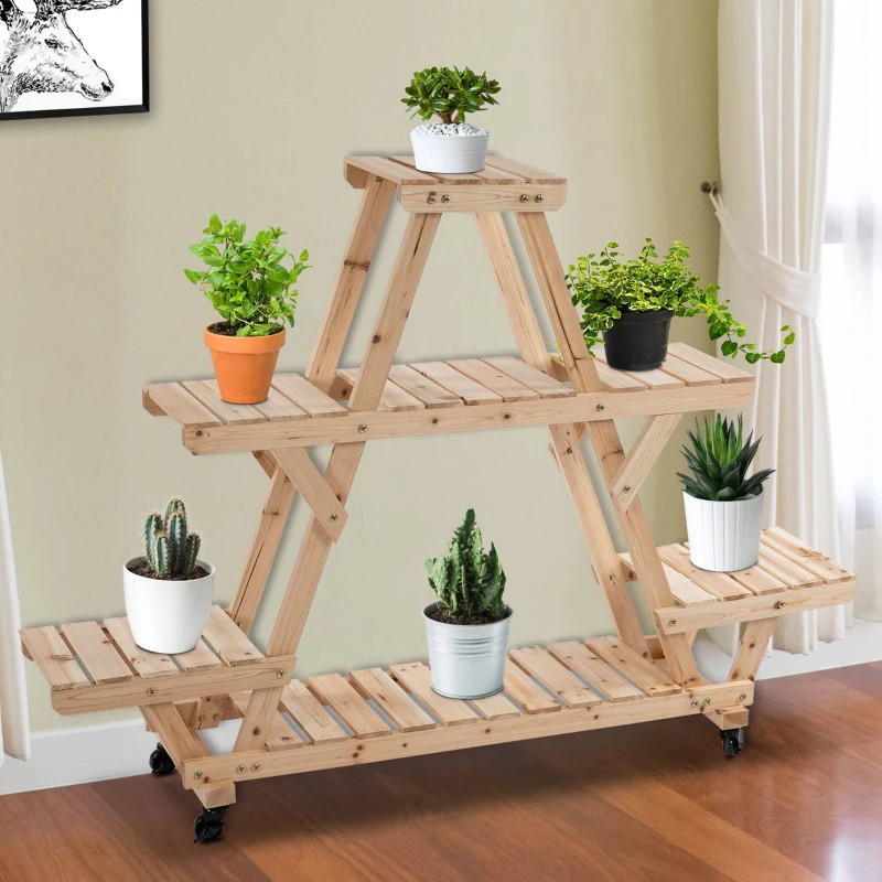 Outsunny Outdoor Plant Stand w/ Wheels and Brakes, Mobile Wood Plant Shelf Flower Stand for Garden Balcony Backyard Corner Living Room, Natural