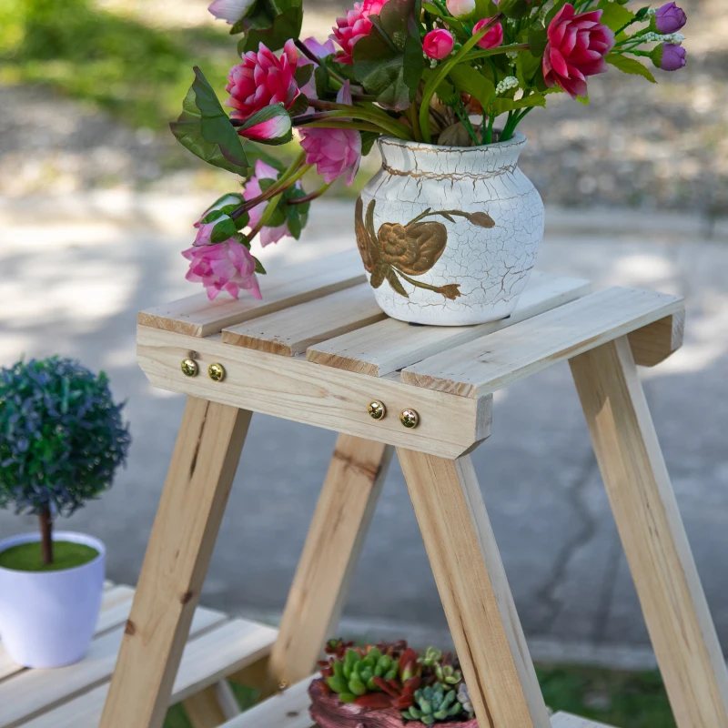 Outsunny Outdoor Plant Stand w/ Wheels and Brakes, Mobile Wood Plant Shelf Flower Stand for Garden Balcony Backyard Corner Living Room, Natural