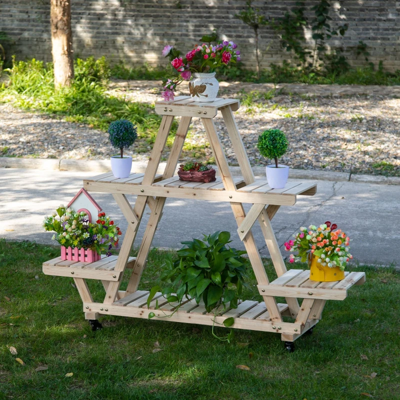 Outsunny Outdoor Plant Stand w/ Wheels and Brakes, Mobile Wood Plant Shelf Flower Stand for Garden Balcony Backyard Corner Living Room, Natural