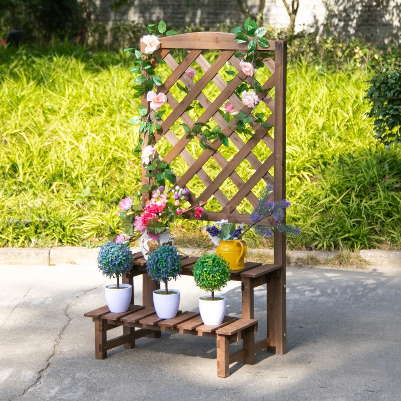 Outsunny Outdoor Plant Stand, Wooden Tiered Plant Shelf with Trellis for  Climbing Vines, Ladder Flower Pot Display Stand for Patio Garden Balcony Living Room