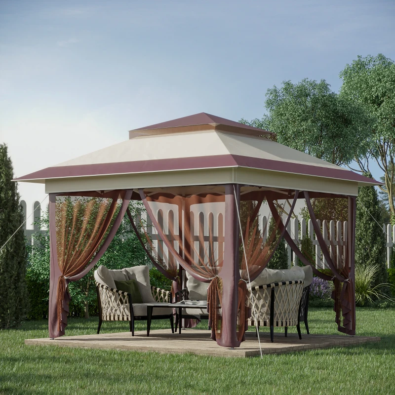 Outsunny 12' x 12' Pop Up Canopy Tent with Netting and Carry Bag, Instant Sun Shelter with 137 sq.ft Shade, Tents for Parties, Height Adjustable, for Outdoor, Garden, Patio, Beige