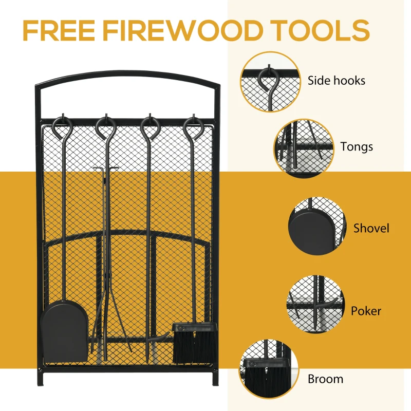 HOMCOM Firewood Rack Outdoor Indoor with 4-Piece Fireplace Tools, Firewood Holder Includes Poker, Tongs, Broom, Shovel, Wood Storage Log Holder for Fireplace, Wood Stove, Hearth or Fire Pit, Black