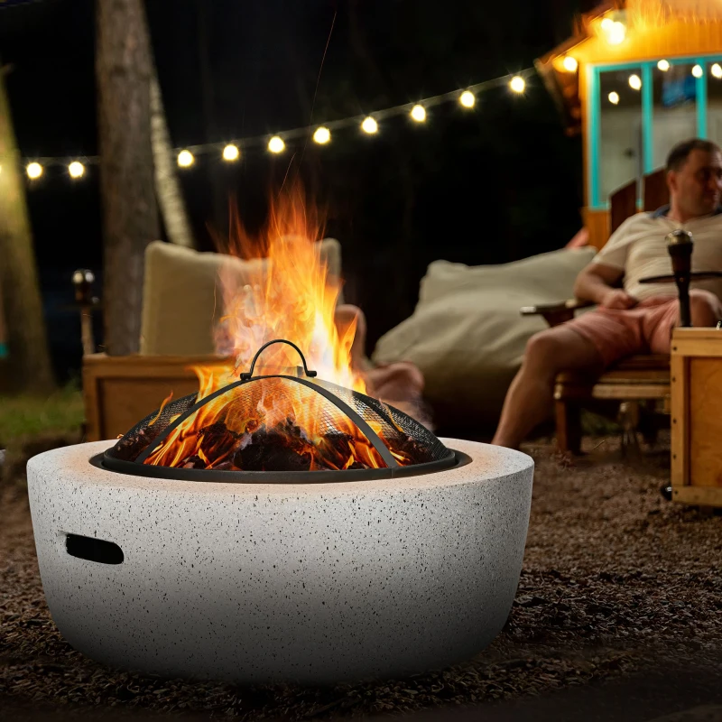 Outsunny 24" Outdoor Fire Pit with Stone Effect, Wood-burning Firepit Fireplace with Spark Screen and Poker for Backyard Camping Bonfire, Gray