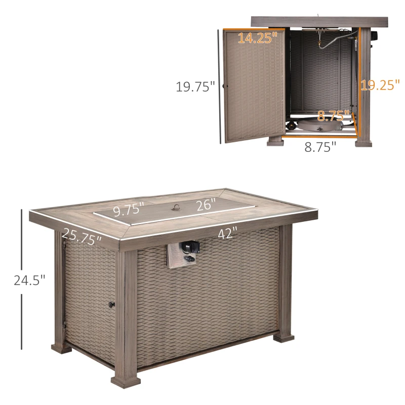 Outsunny Propane Fire Pit Table, 30,000 BTU 42" Wicker-Effect Gas Fire Table, Auto-Ignition Rectangular Outdoor Firepit with Lid, Ceramic Tabletop, Lava Rocks and Rain Cover, CSA Certification, Gray
