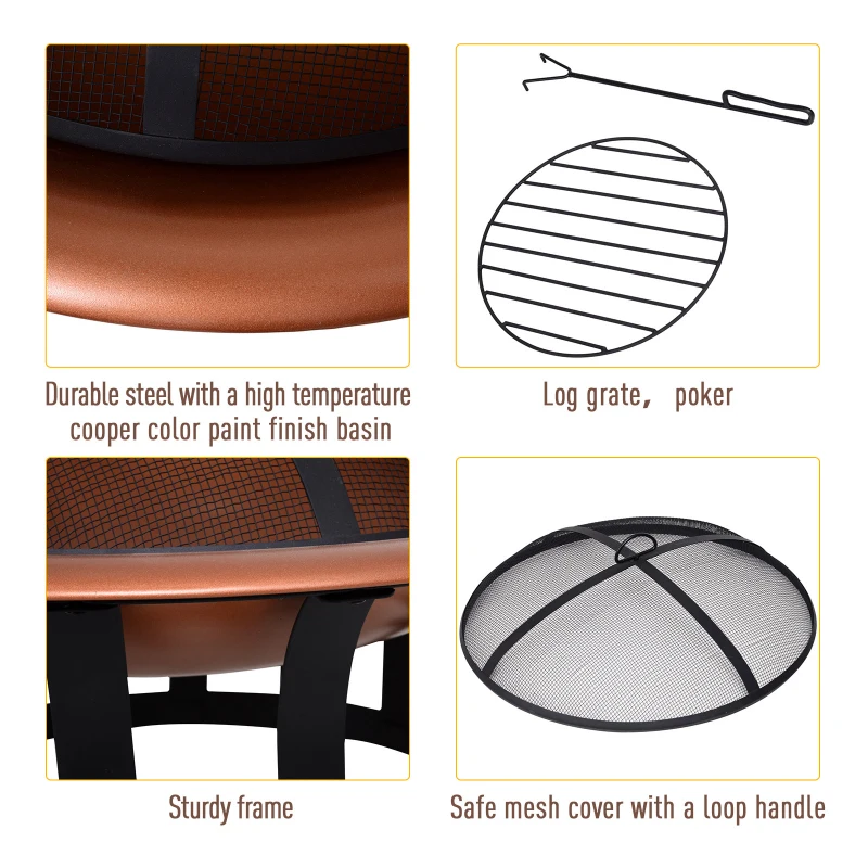 Outsunny 30" Outdoor Fire Pits, Copper-Colored Round Metal Camping Fire Pit, Firepit with Black Ornate Base, Poker, & Mesh Screen for Ember Protection