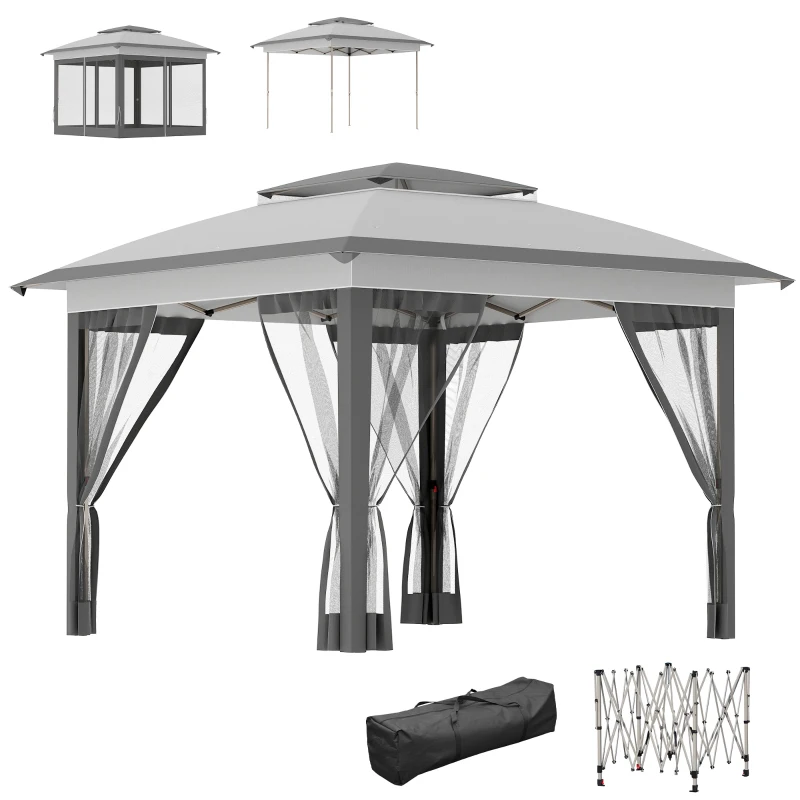 Outsunny 12' x 12' Pop Up Canopy Sun Shade Instant Tent Folding with Mesh Sidewalls, 3-Level Adjustable Height and Storage Bag, Gray