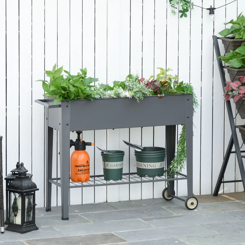 Outsunny 43" x 17" x 32" Raised Garden Bed Elevated with Wheels, Metal Elevated Planter Box with Bottom Shelf for Storing Tools & Water Drainage Hole, Grey