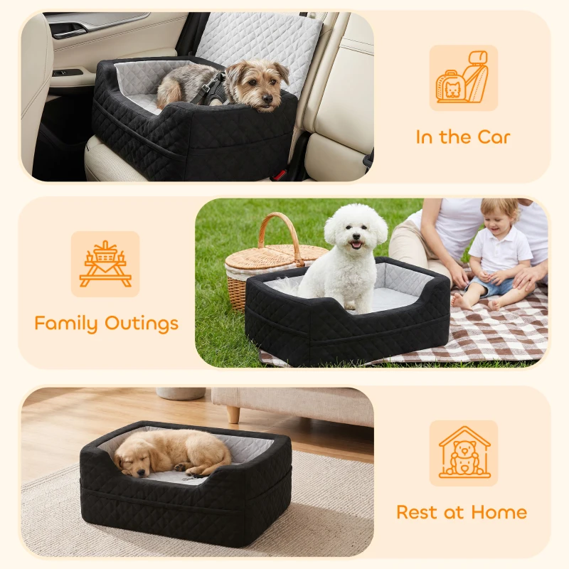 PawHut Dog Car Seat, Dog Booster Car Seat Washable with Adjustable Safety Leash, Storage Pockets for Small Under 10kg, Grey