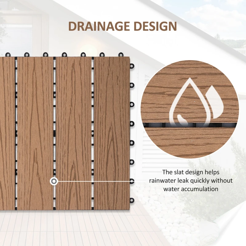 Outsunny Interlocking Deck Tiles, Pack of 11 Outdoor Flooring Patio Tiles, 12" x 12", All Weather for Porch, Balcony, Backyard for a New Classic Look, Teak