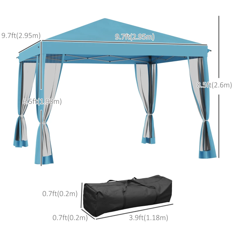 Outsunny 10' x 10' Pop Up Canopy Tent Gazebo, Foldable Canopy Tent with Zipper Mesh Sidewalls and Carry Bag, Easy Setup Screen Shelter for Backyard Patio Outdoor, Light Blue