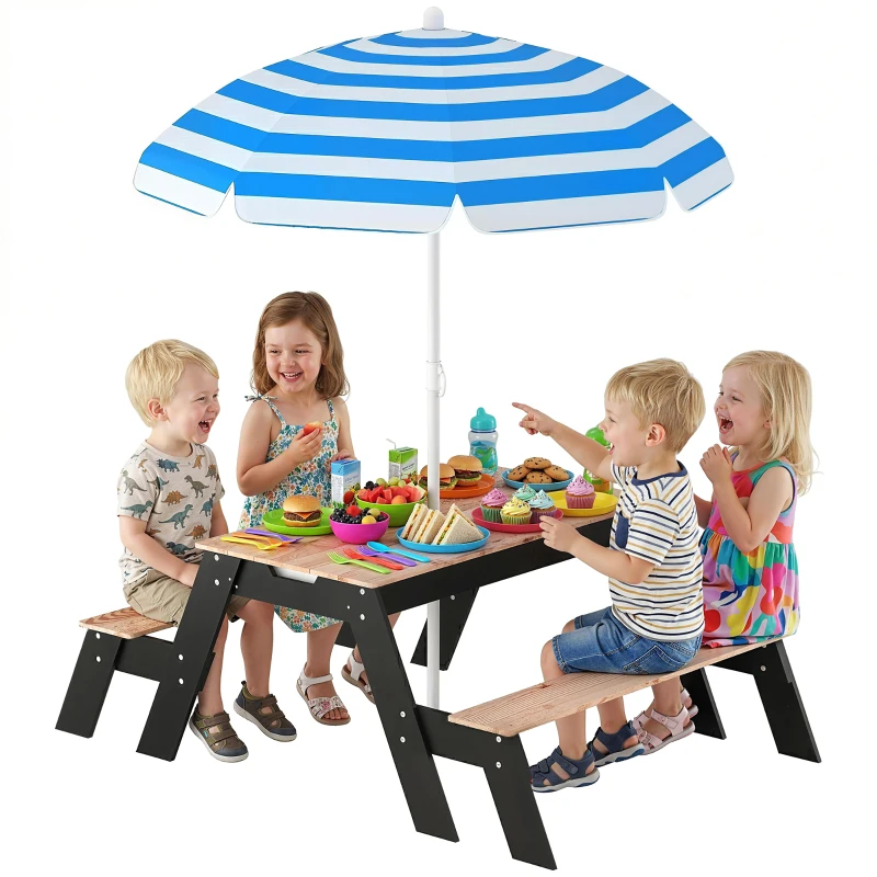 Qaba Kids Picnic Table with Umbrella, 3 in 1 Wooden Sand & Water Table with 2 Hidden Play Boxes for Patio, Ages 3-6