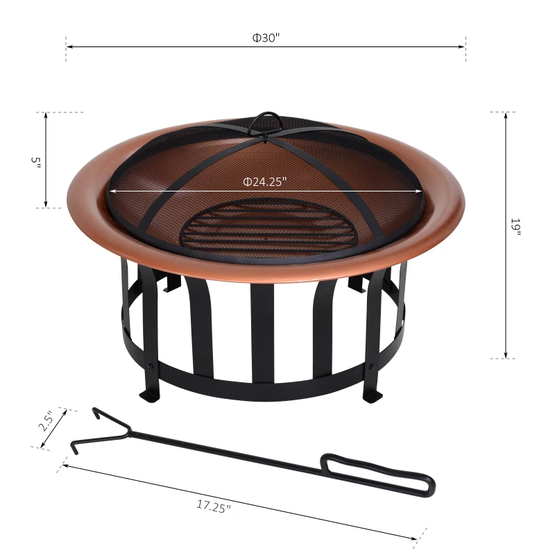 Outsunny 30" Outdoor Fire Pits, Copper-Colored Round Metal Camping Fire Pit, Firepit with Black Ornate Base, Poker, & Mesh Screen for Ember Protection