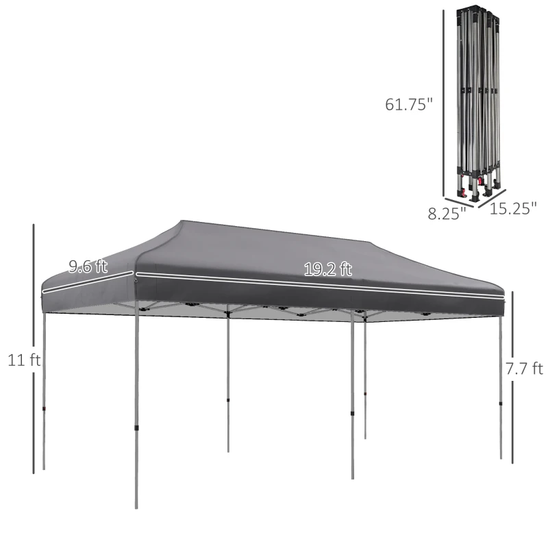 Outsunny 10' x 20' Pop Up Canopy Tent, Outdoor Easy up Tent with 3-Level Adjustable Height, Wheeled Carry Bag, Gray