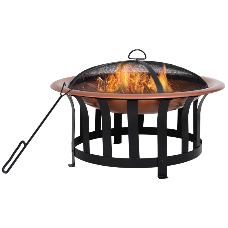Outsunny 30" Outdoor Fire Pits, Copper-Colored Round Metal Camping Fire Pit, Firepit with Black Ornate Base, Poker, & Mesh Screen for Ember Protection