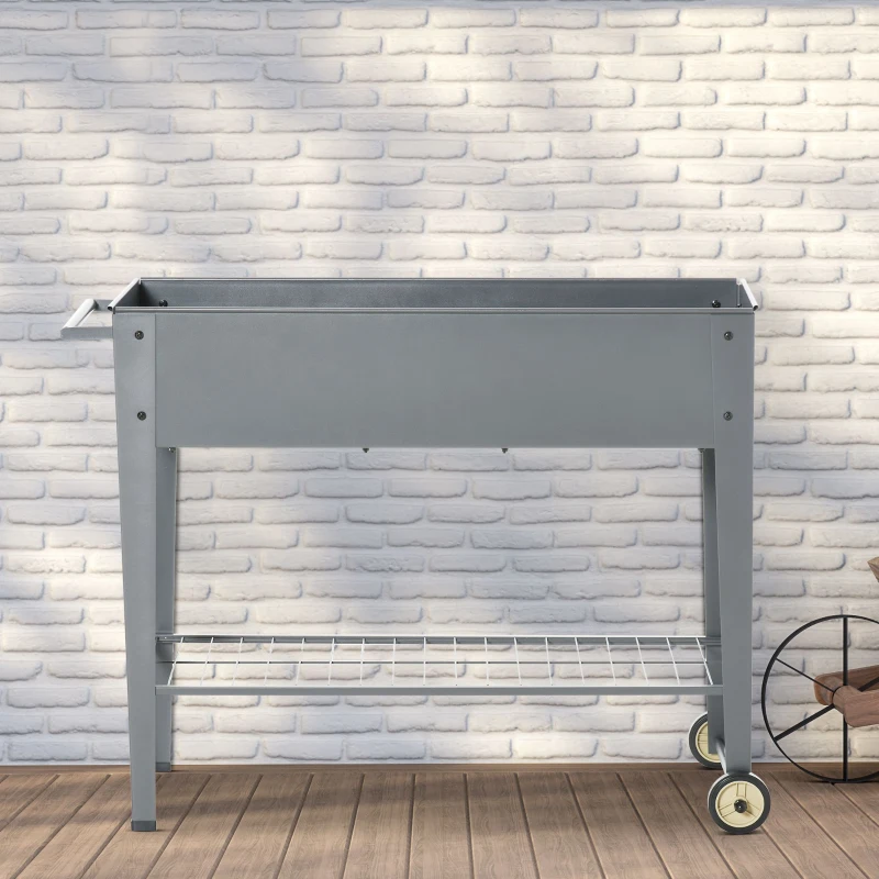 Outsunny 43" x 17" x 32" Raised Garden Bed Elevated with Wheels, Metal Elevated Planter Box with Bottom Shelf for Storing Tools & Water Drainage Hole, Grey
